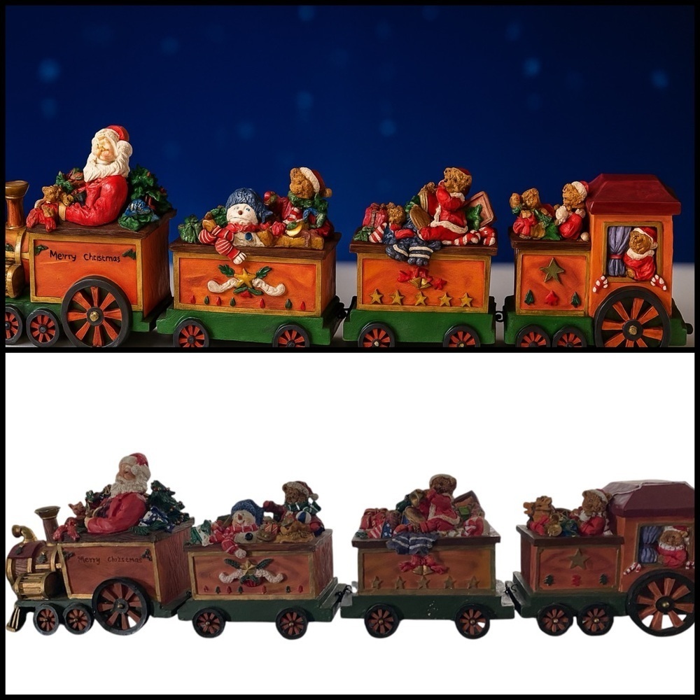 CHRISTMAS TRAIN DECOR WOOD RESIN 4 PIECES SANTA TEDDY BEARS SNOWMEN 28”Long